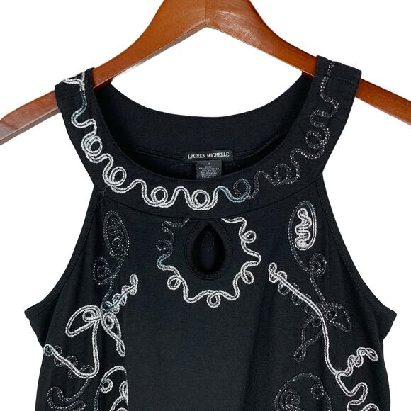 Lauren Michelle Tank Top Sleeveless Embroidered Black Silver Art Women's M - Picture 2 of 8